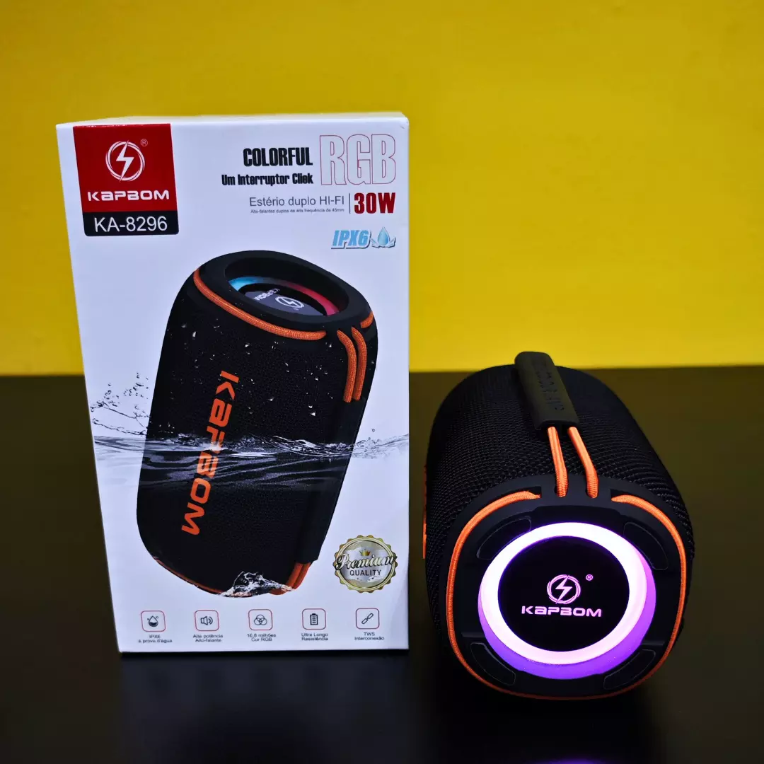 Caixa de Som Bluetooth LED Kapbom KA-8296 30W IPX6 TWS 3