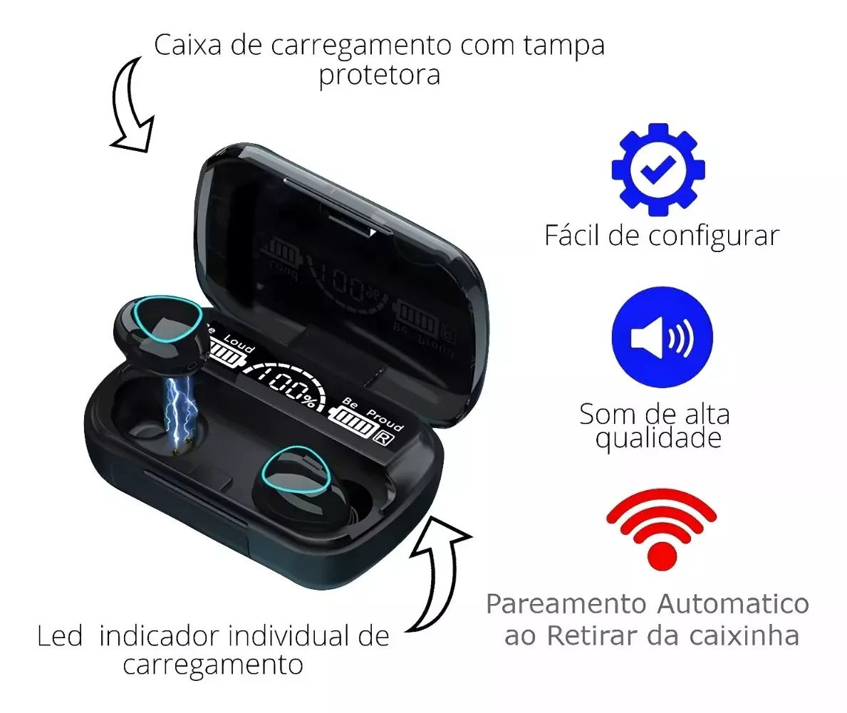 Fone Bluetooth TWS com Power Bank 2000mAh 4
